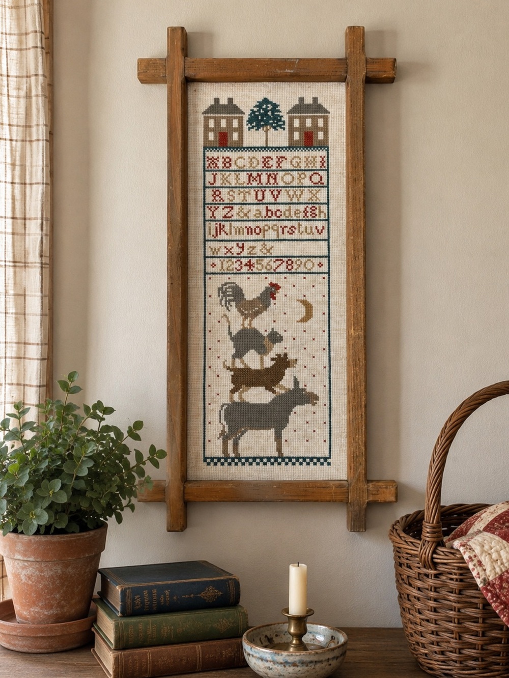Vintage Hand Embroidered Musicians of Bremen Folk Art Framed Needlework Sampler